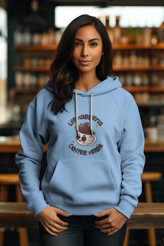 Women's Baby Blue "Life Happens, Coffee Helps" Graphic Printed Hoodie