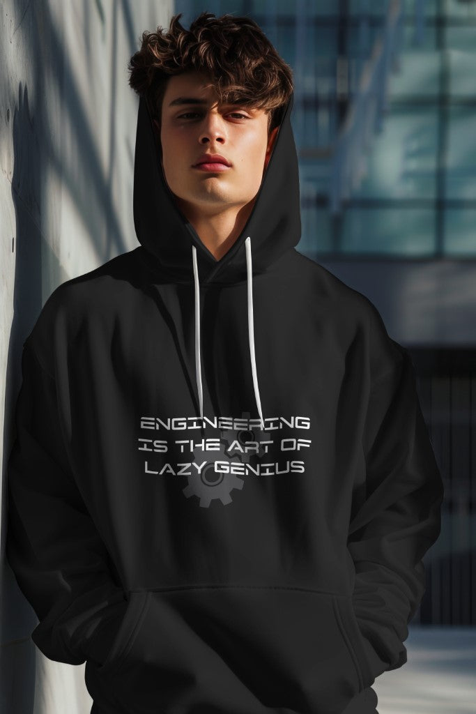 Men's Black "Engineering is the art of lazy genius" Graphic Printed Hoodie