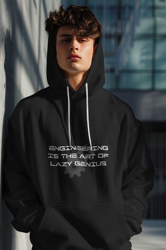 Men's Black "Engineering is the art of lazy genius" Graphic Printed Hoodie