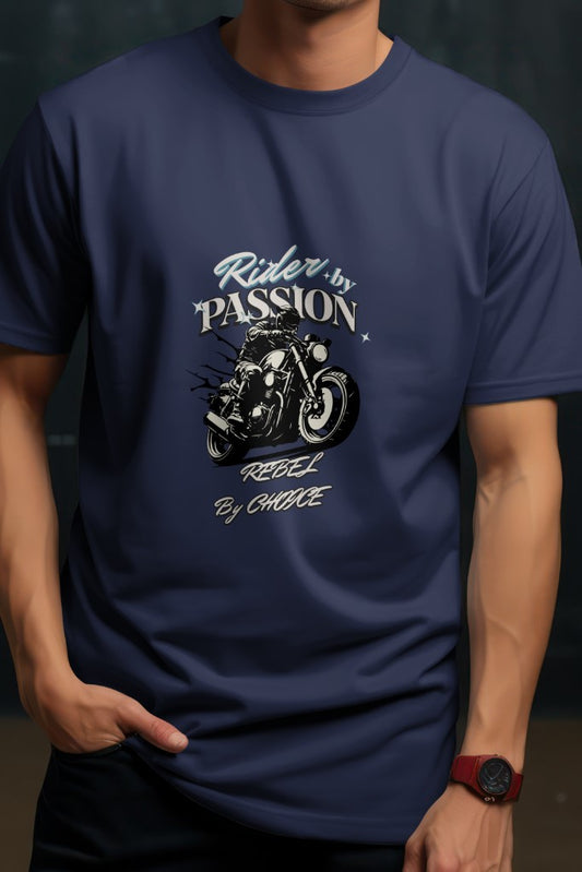 Men's Navy Blue "Ride by Passion, Rebel by Choice" Graphic Printed Classic Round Neck T-shirt