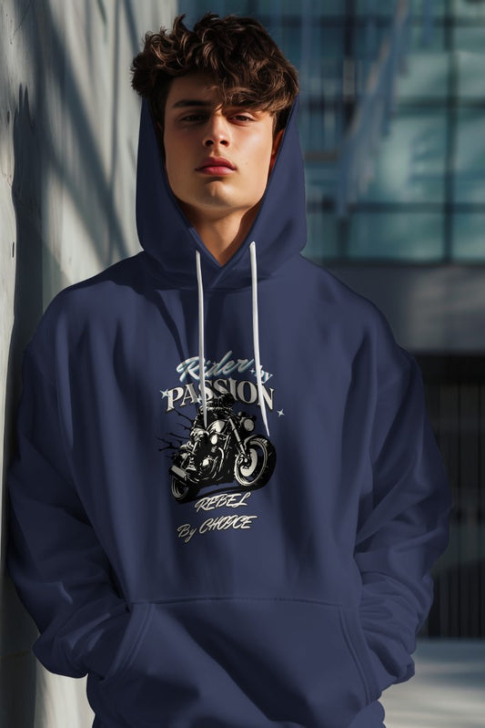 Men's Navy Blue "Rider by Passion" Graphic Printed Hoodie