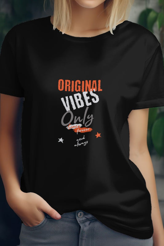 Women's Black "Original Vibes Only" Graphic Printed Classic Round Neck T-shirt