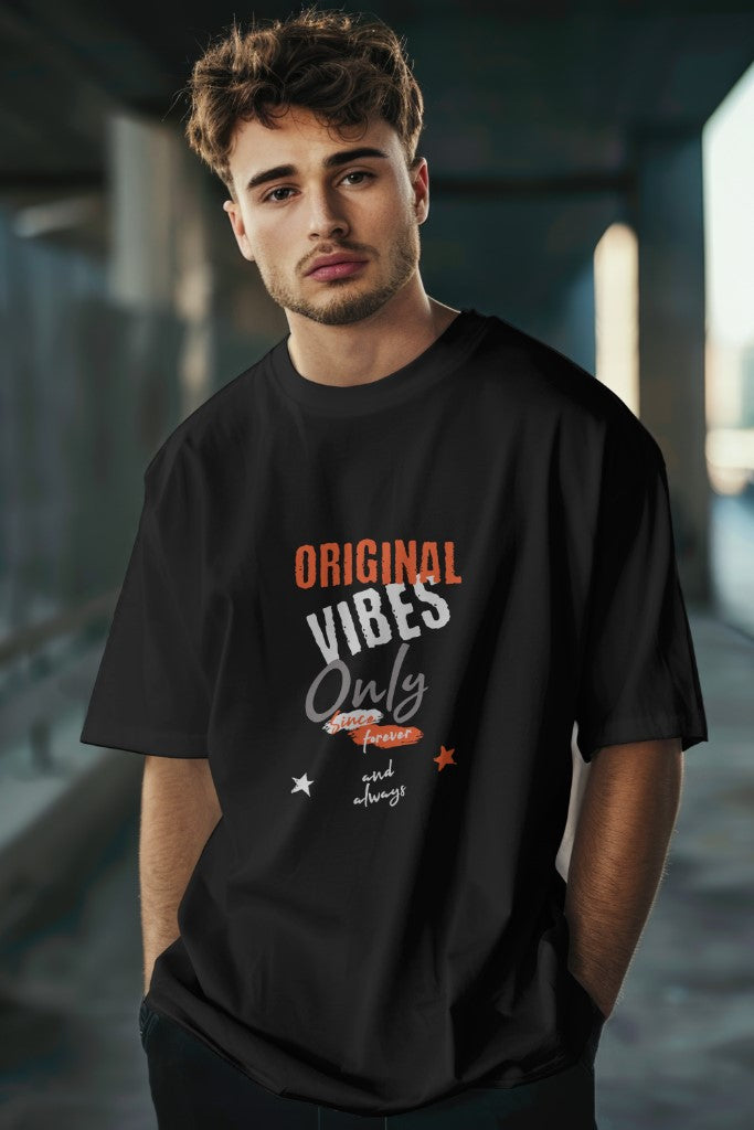 Men's Black "Original Vibes Only" Graphic Printed Oversized Round Neck T-shirt