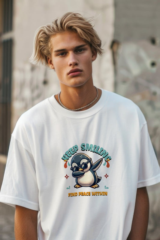 Men's White "Keep Smiling" Graphic Printed Oversized Round Neck T-shirt